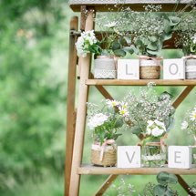 Plusieurs petits objets déco, petites plantes, en extérieur